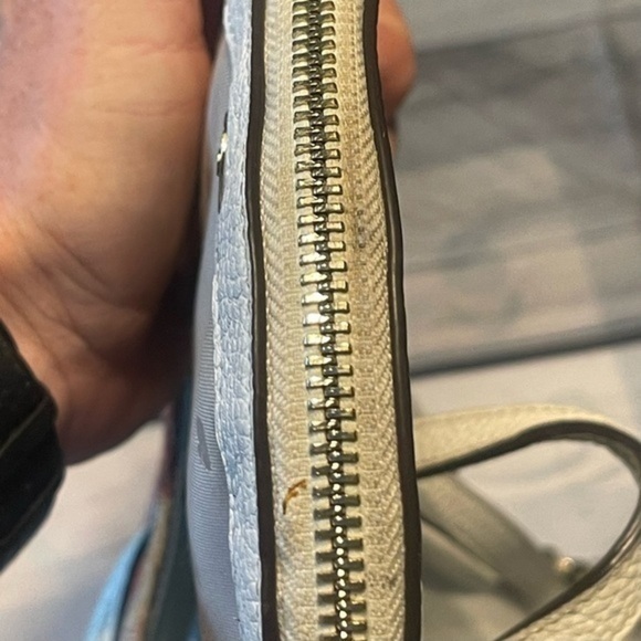 Kate ♠️ Spade White Pebbled Leather Backpack w/ pink, orange, brown fabric front - Picture 8 of 16